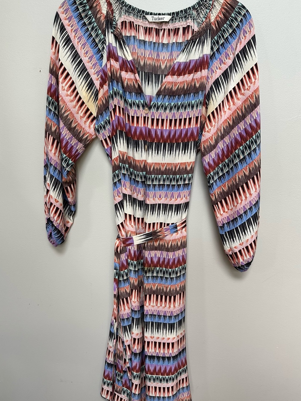 Tucker Sz M Pink, Blue and Brown Zigzag Belted Chevron Retro Dress